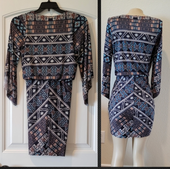 Misa Teget Twist Knot Navy Geometric Print Bodycon Mini Dress Sz S - Picture 2 of 10